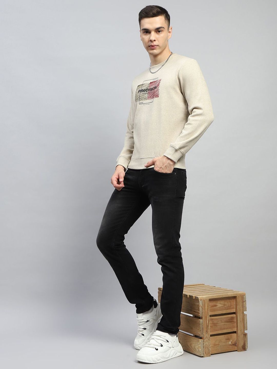 Monte Carlo Men Cotton Beige Round Neck Long Sleeves Printed Sweatshirt