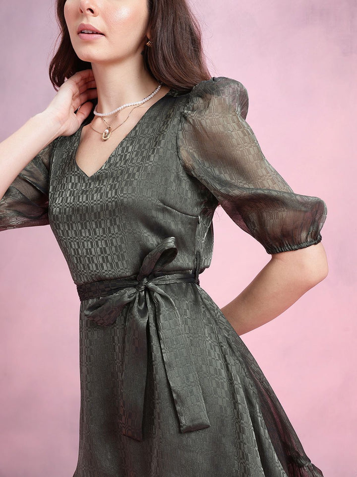 DressBerry Geometric Self-Design Puff Sleeves Party Fit & Flare Dress with Belt