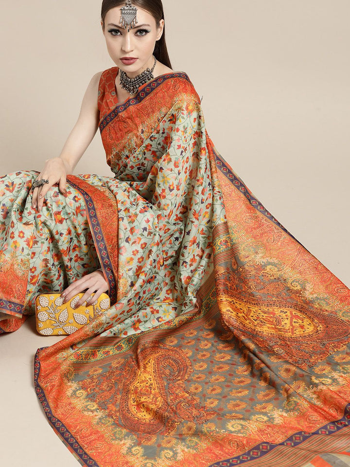 Saree mall Sea Green & Orange Paisley Pochampally Sarees