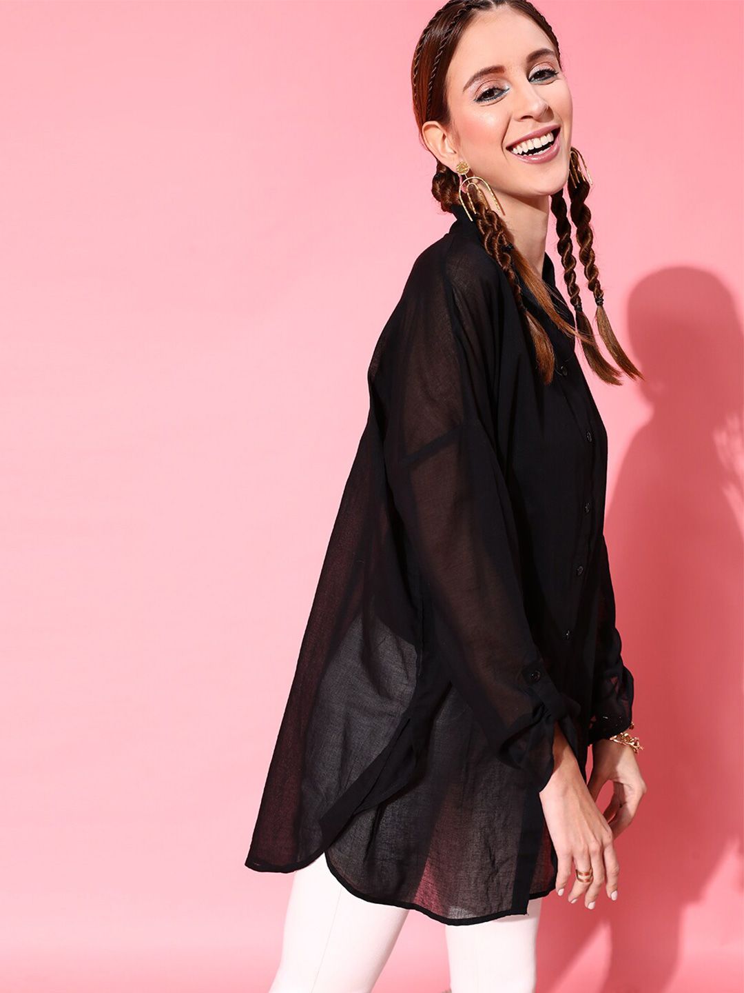 STREET 9 Women Black Solid Relaxed Boxy Casual Shirt