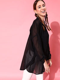 STREET 9 Women Black Solid Relaxed Boxy Casual Shirt