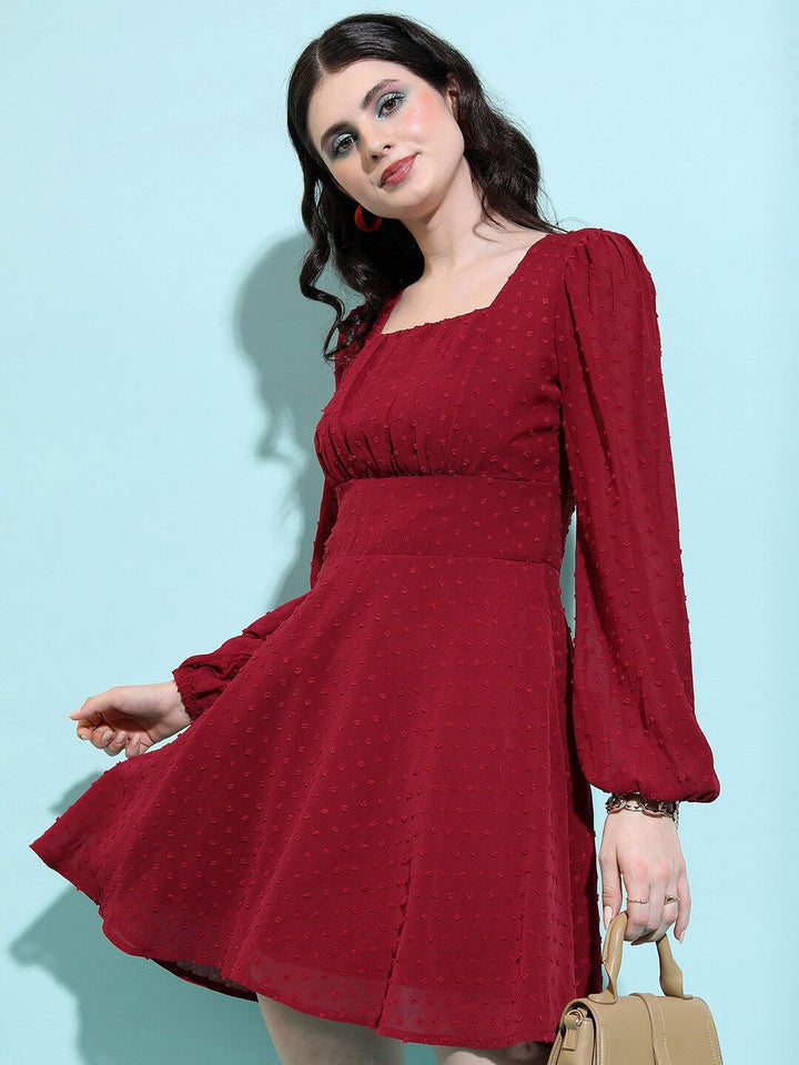Tokyo Talkies Maroon Self Design Puff Sleeves Pleated Fit & Flare Dress