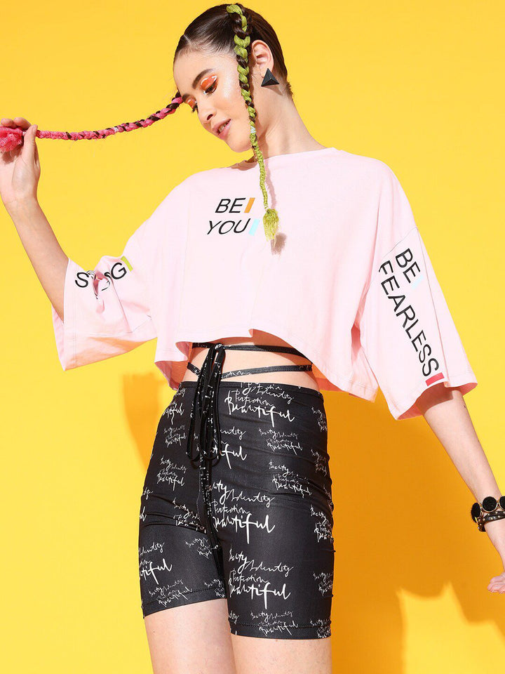 STREET 9 Women Pink Printed Cotton Drop-Shoulder Sleeves Bio Finish Boxy T-shirt