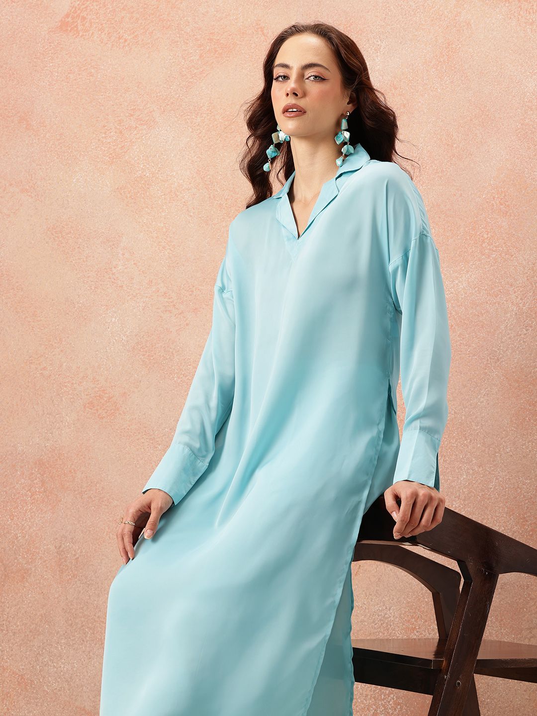 all about you Notched Lapel Collar Drop-Sleeves Satin Straight Kurta with Palazzos