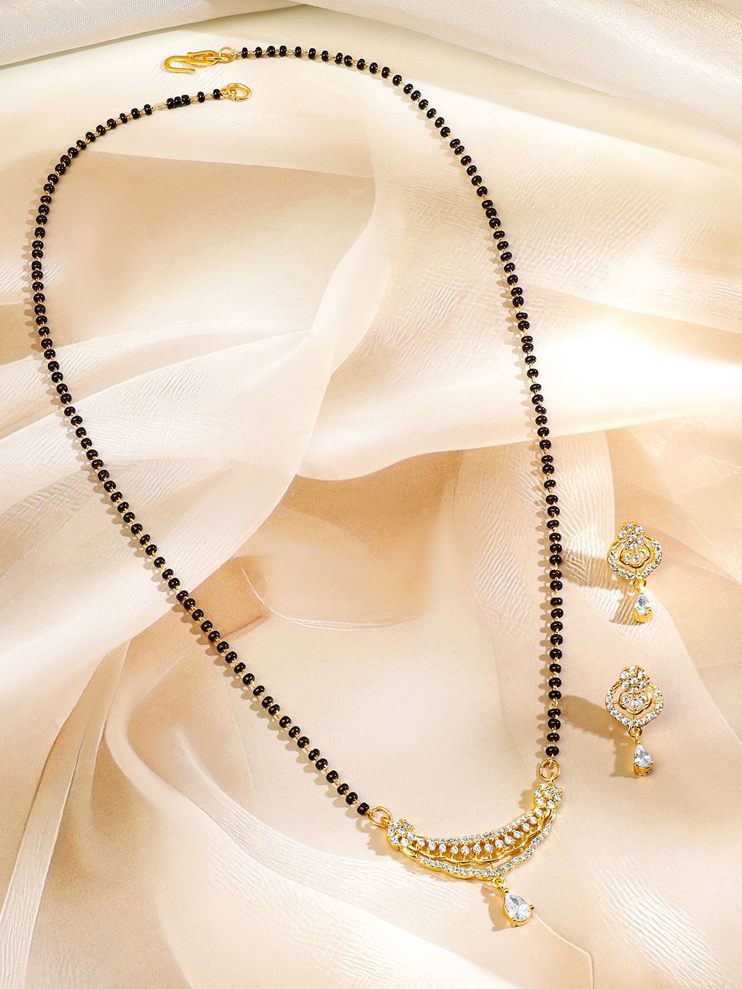 Rubans 18K Gold-Plated Zirconia Zirconia Studded Bar Curved With Black Beads Mangalsutra Set