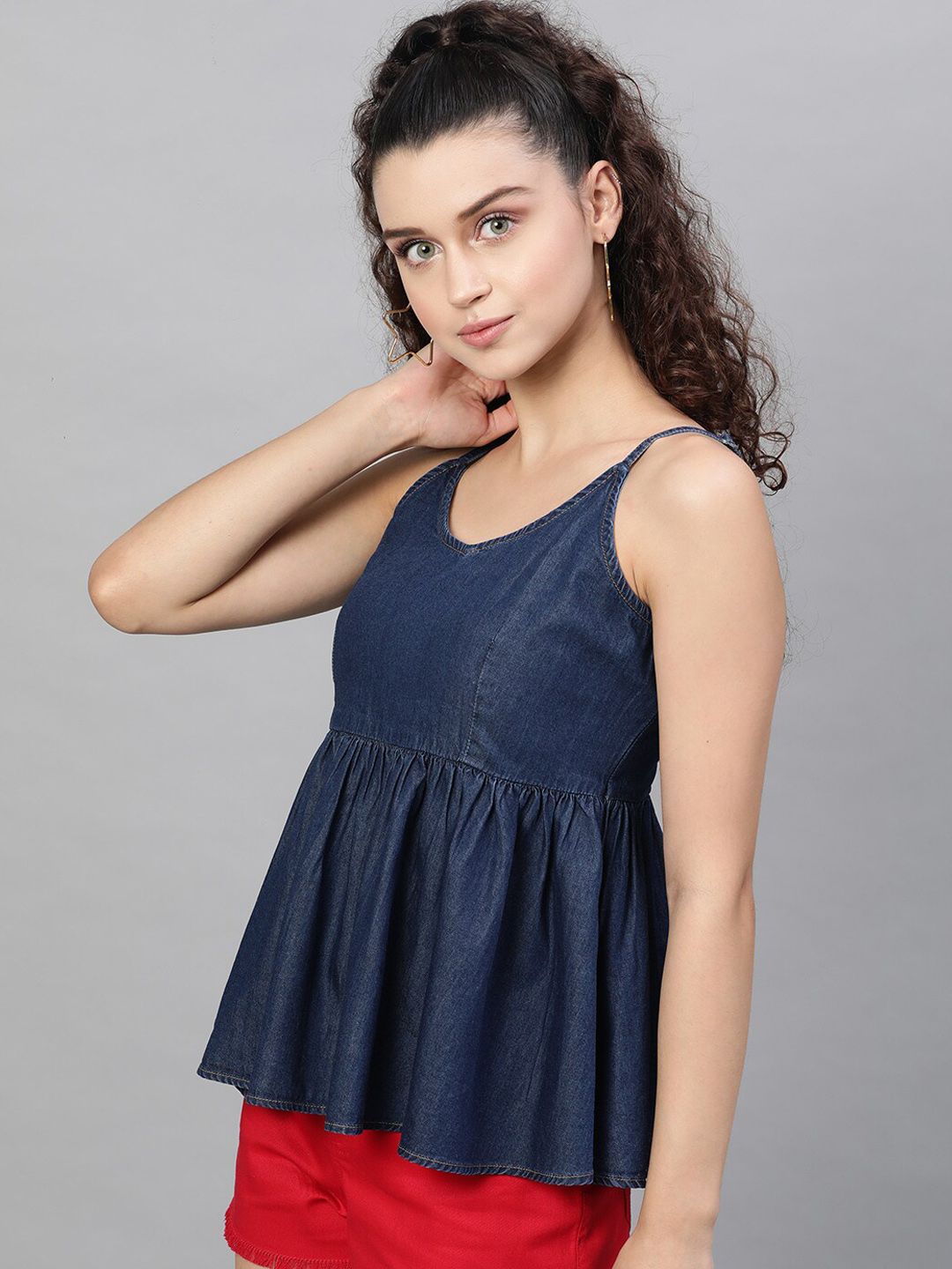 STREET 9 Navy Blue Solid Indigo Pure Cotton Denim A-Line Top