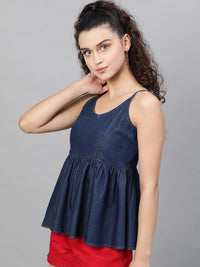STREET 9 Navy Blue Solid Indigo Pure Cotton Denim A-Line Top