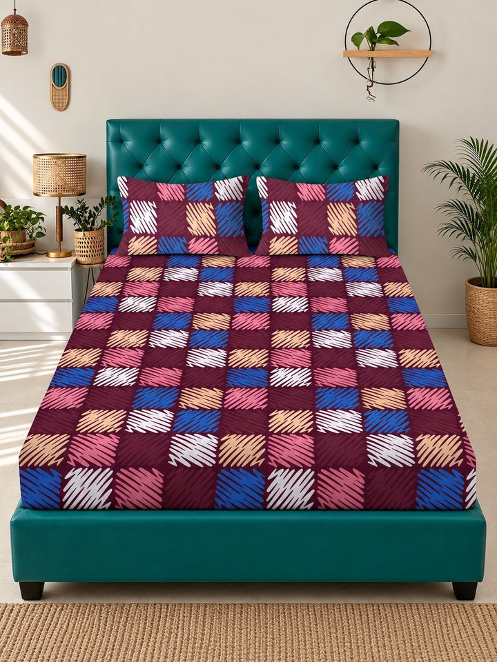 Myntra Elegant Homes Multicoloured Geometric 300 TC King Bedsheet with 2 Pillow Covers