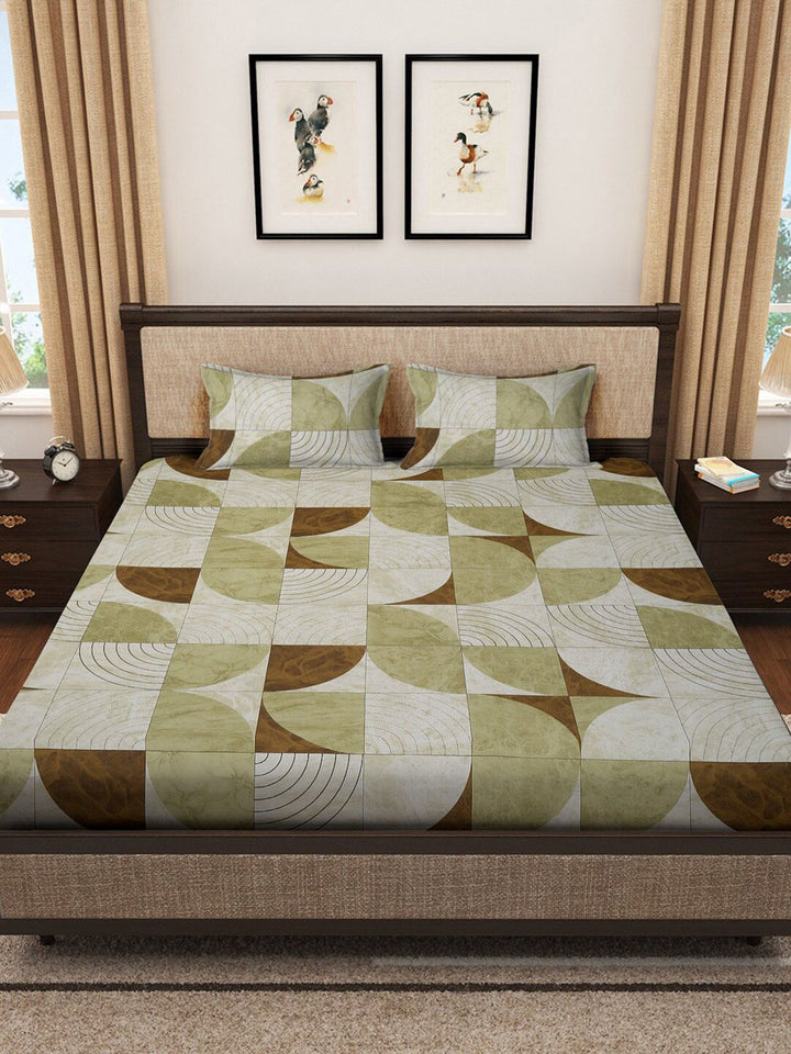 KLOTTHE Olive & Brown Printed 400 TC Pure Cotton Super King Bedsheets with 2 Pillow Cover