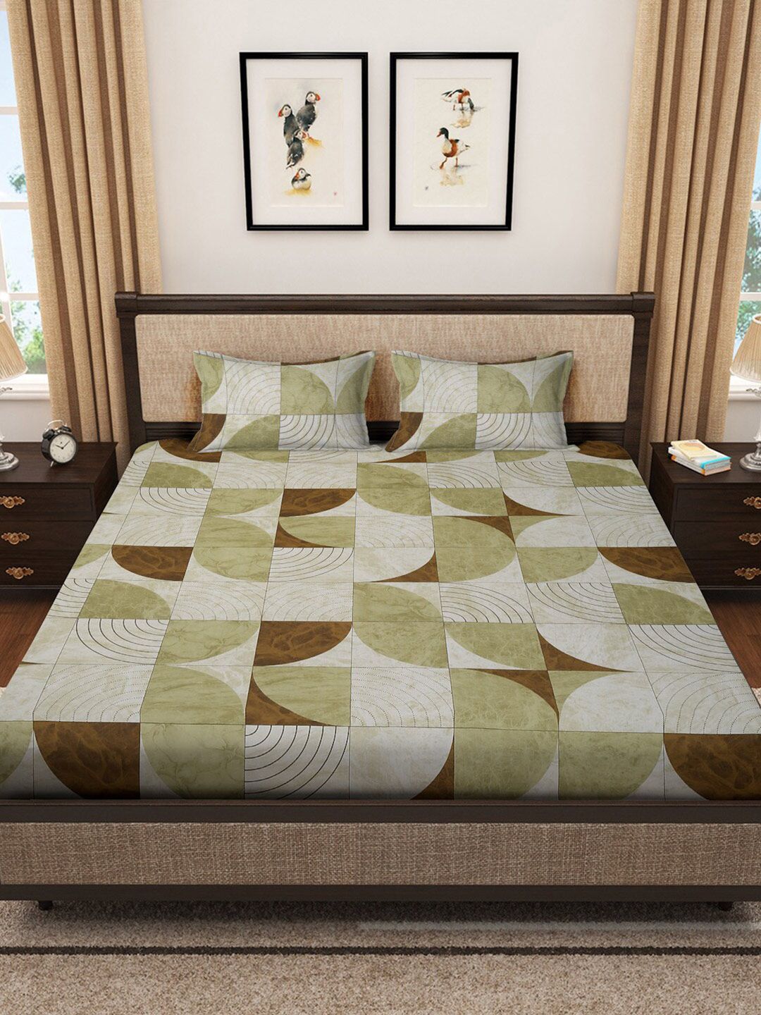 KLOTTHE Olive & Brown Printed 400 TC Pure Cotton Super King Bedsheets with 2 Pillow Cover