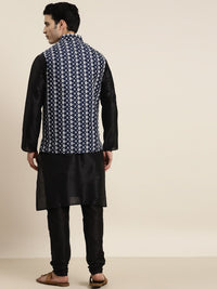 SOJANYA Men Black Solid Kurta with Churidar & Nehru Jacket