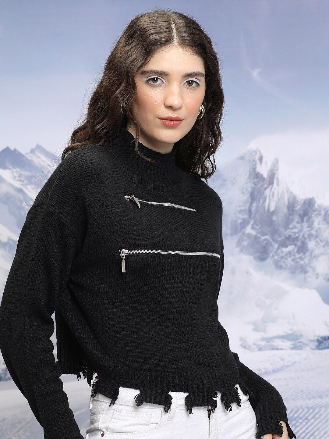 Tokyo Talkies Black Ribbed Turtle Neck Acrylic Pullover Fringed Crop Sweater With Zipper