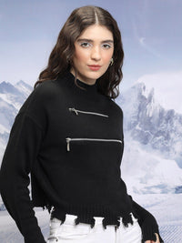Tokyo Talkies Black Ribbed Turtle Neck Acrylic Pullover Fringed Crop Sweater With Zipper