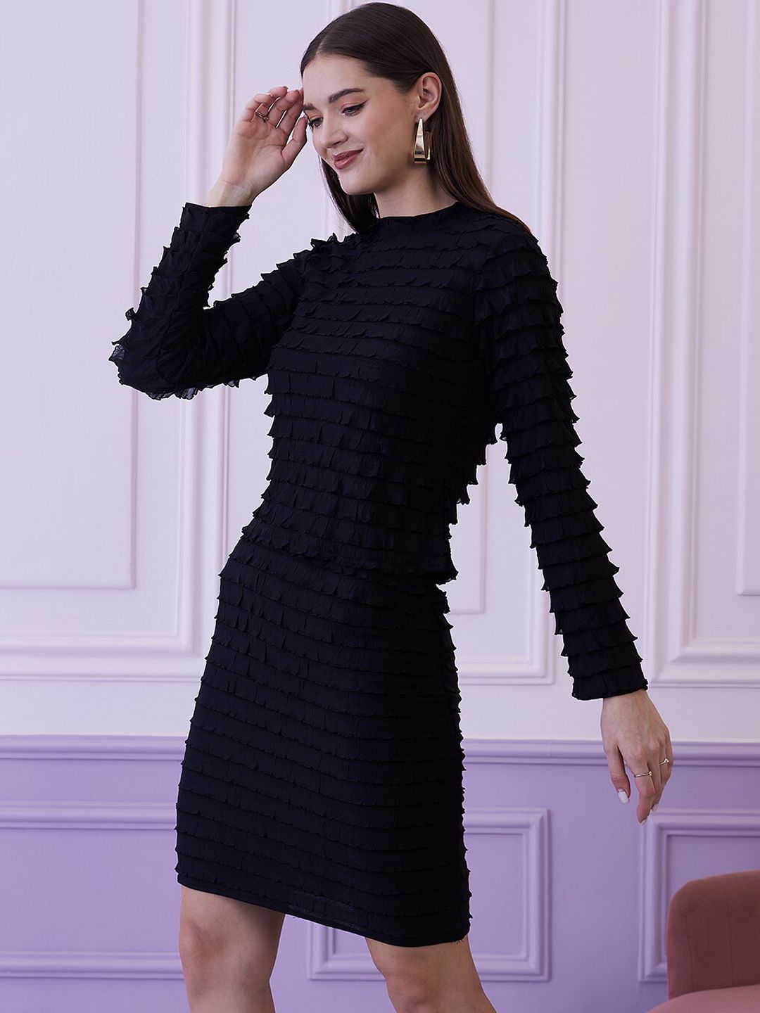 Athena Black Self Design Ruffle Top With Skirt