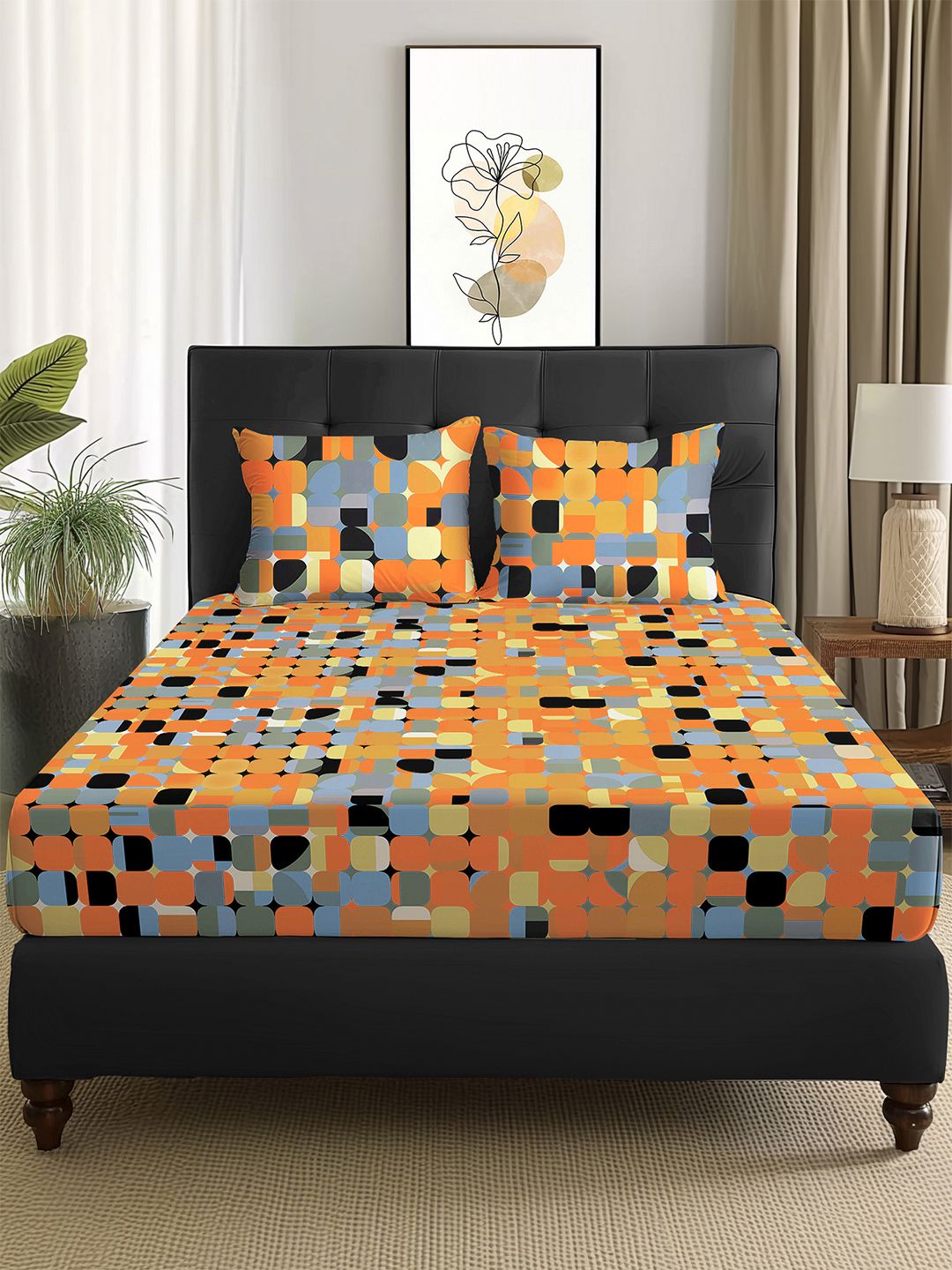 Story@home Arena Rust & Purple Printed 180 TC Queen Bedsheet & 2 Pillow Covers