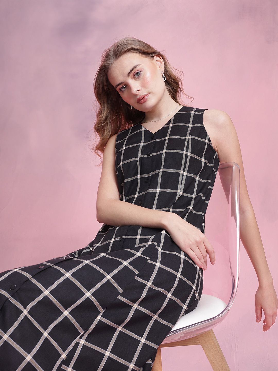 DressBerry Checked A-Line Midi Dress