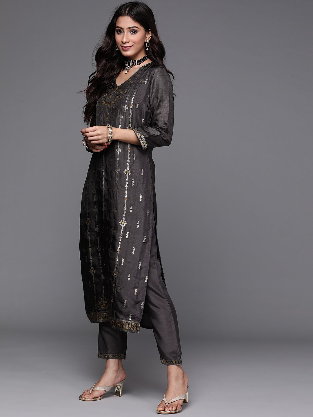 Libas Women Charcoal Grey & Mustard Yellow Ethnic Zari Straight Kurta Trousers Dupatta
