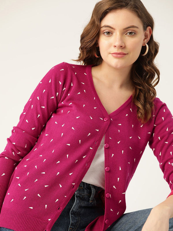 DressBerry Women Fuchsia & White Geometric Printed Cardigan