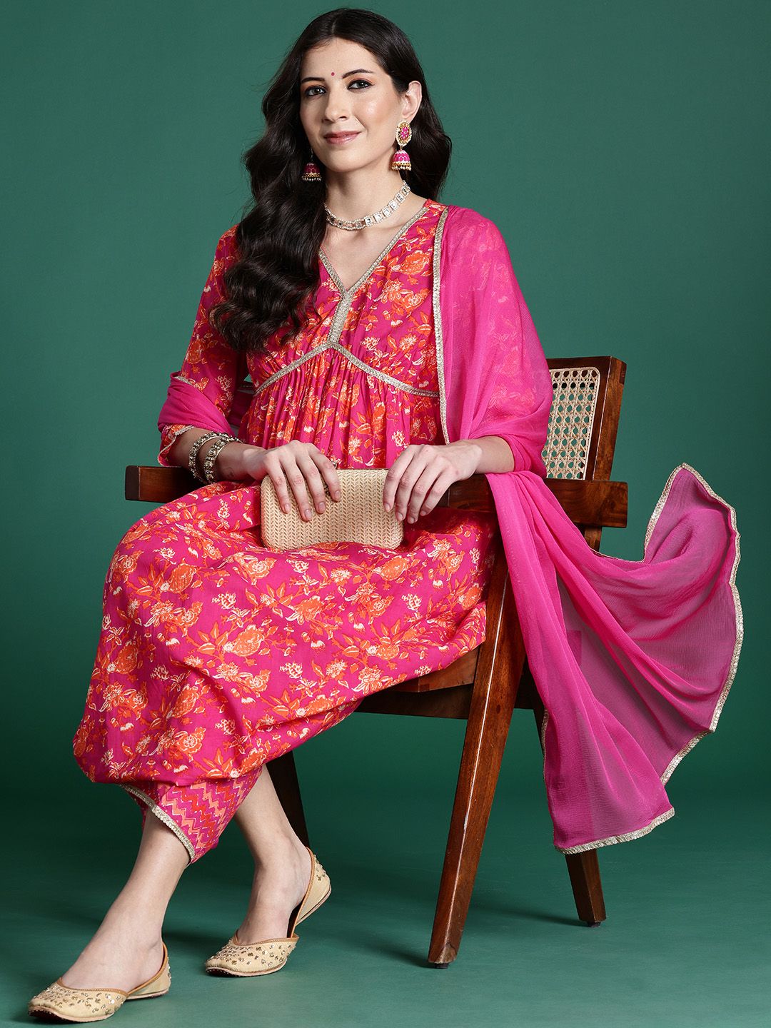 Indo Era Women Floral Printed Regular Pure Cotton Kurta with Palazzos & With Dupatta