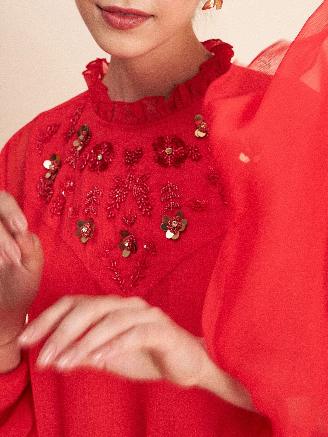 Antheaa Red Round Neck Embellished Co-Ords Set