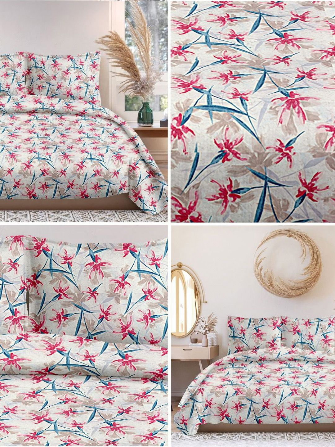 Cortina Glazed Cotton Pink Floral 140 TC King Bedsheet with 2 Pillow Covers