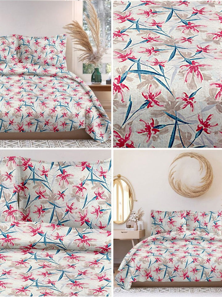 Cortina Glazed Cotton Pink Floral 140 TC King Bedsheet with 2 Pillow Covers