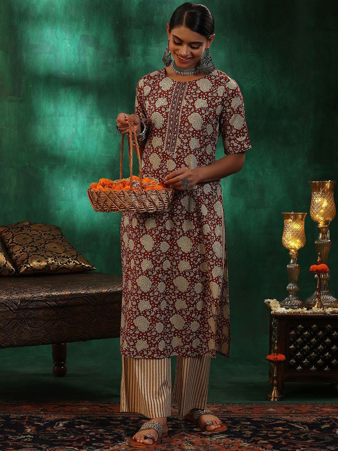Libas Floral Printed Regular Gotta Patti Pure Cotton Straight Kurta with Palazzos