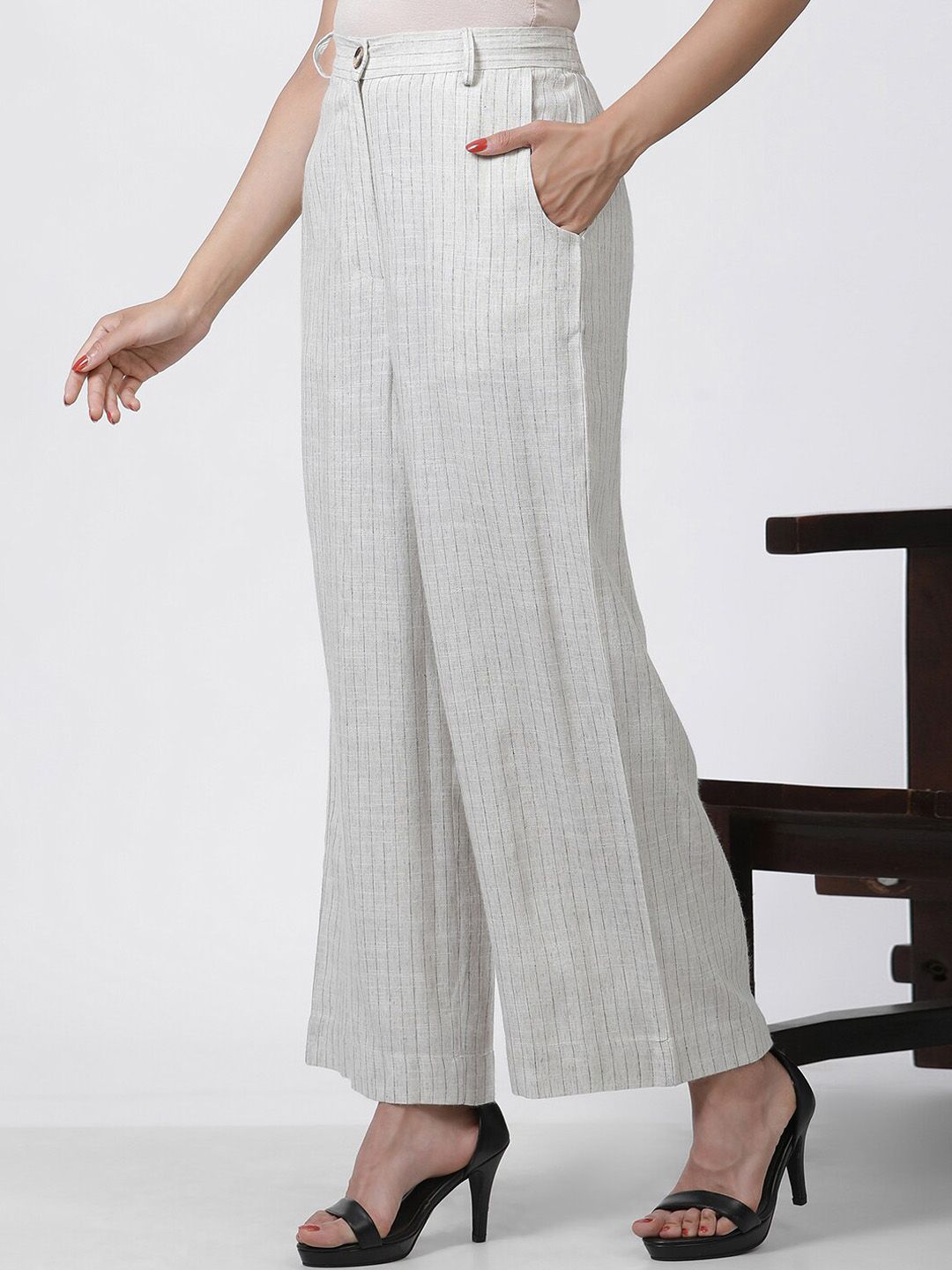 W Women Striped Mid-Rise Straight Fit Parallel Trouser