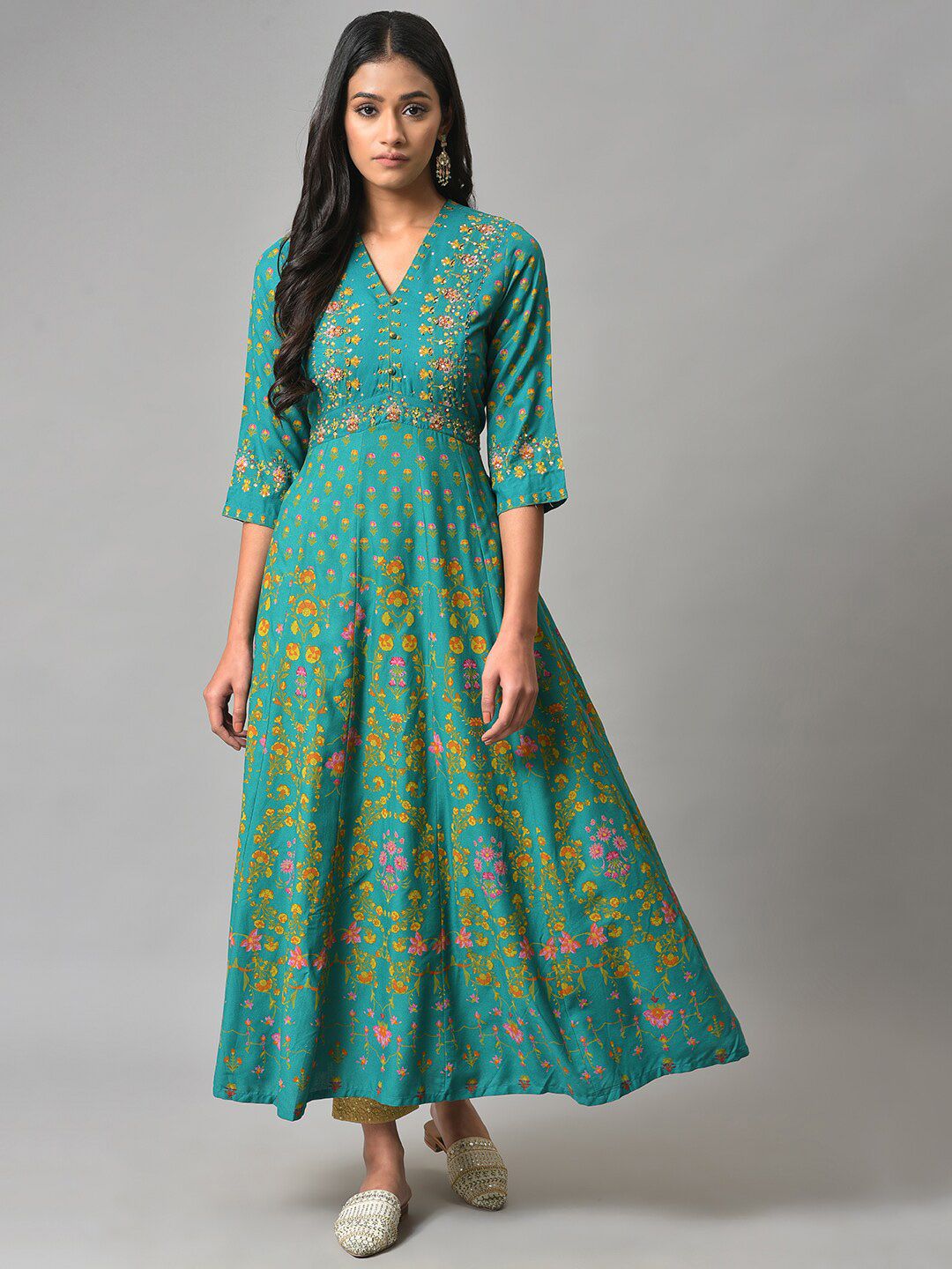 W Green Floral Printed Ethnic Maxi Ethnic Dress