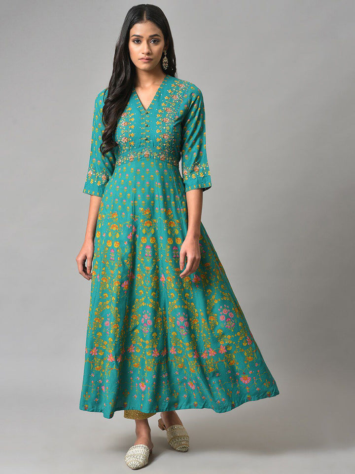 W Green Floral Printed Ethnic Maxi Ethnic Dress