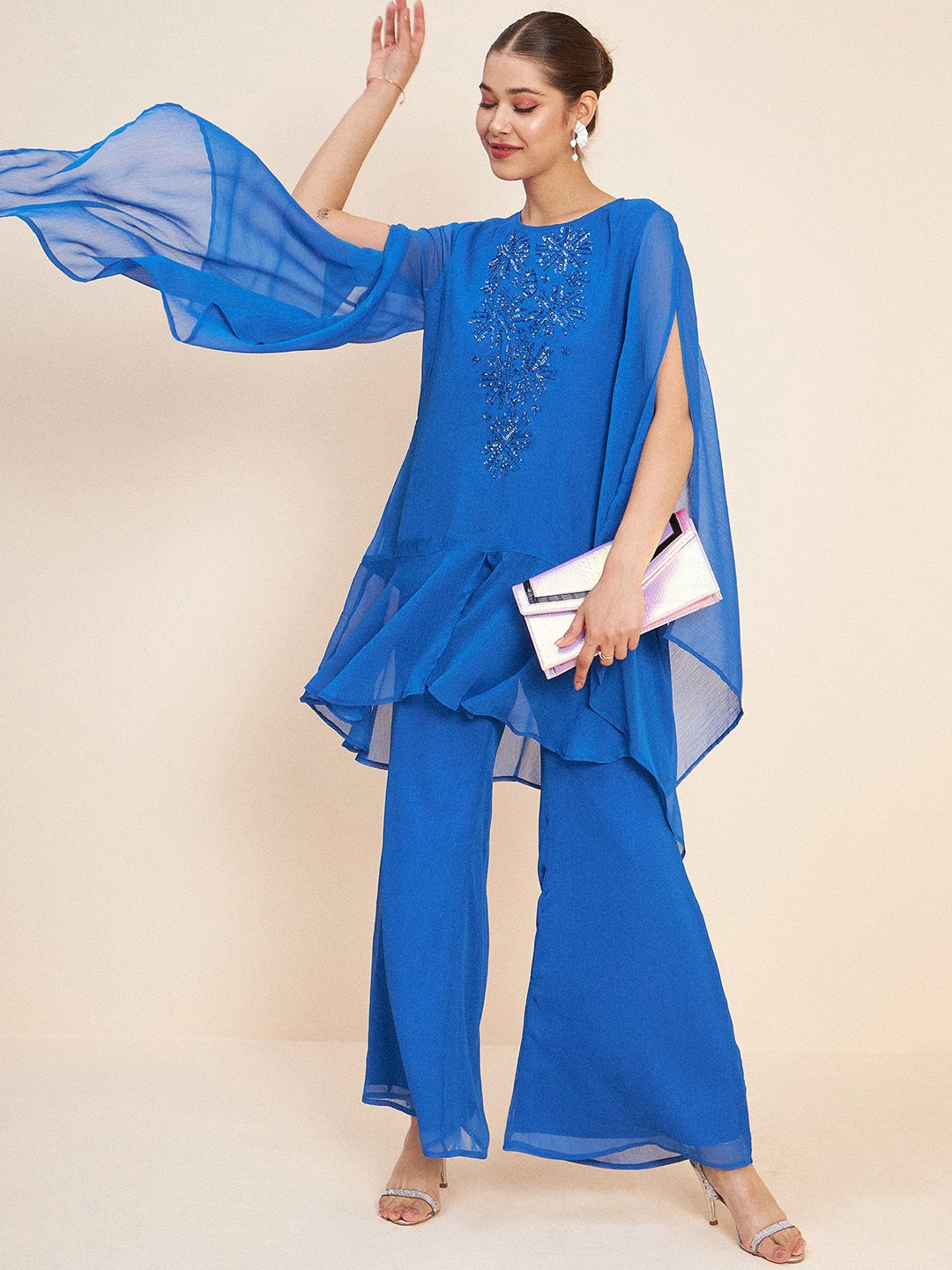 Antheaa Blue Embellished Tunic With Palazzos Co-Ords