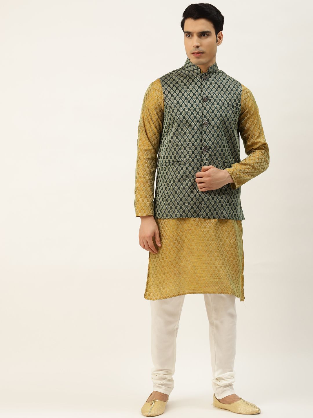 SOJANYA Lelaki Olive Brown & Green Jacquard Ethnic Motifs Straight Kurta with Churidar
