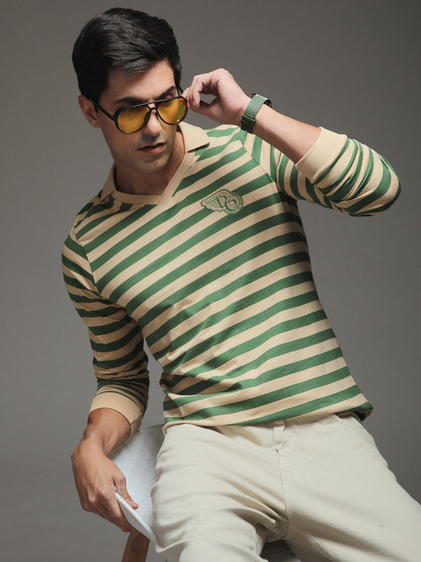 Difference of Opinion Men Striped Polo Collar Cotton T-shirt