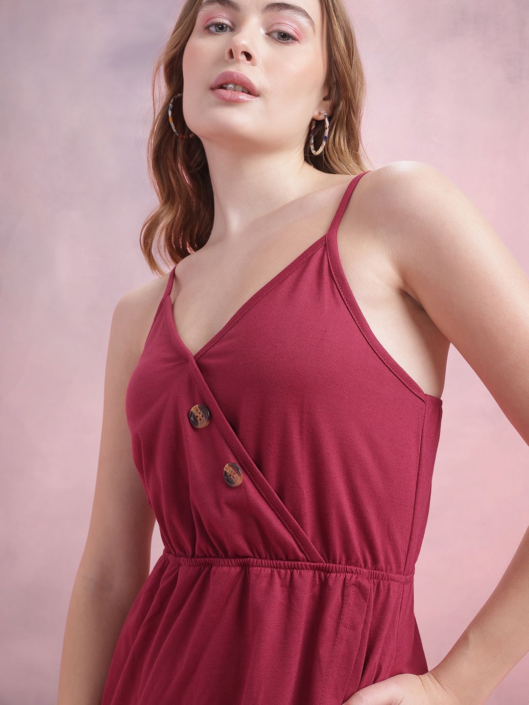 DressBerry Gathered Detail Shoulder Straps A-Line Wrap Dress with Mock Buttons
