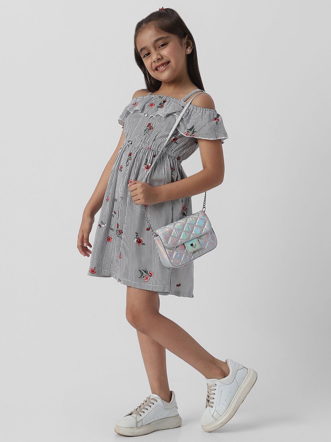 Nauti Nati Girls Floral Striped Cold-Shoulder Ruffled Fit & Flare Dress