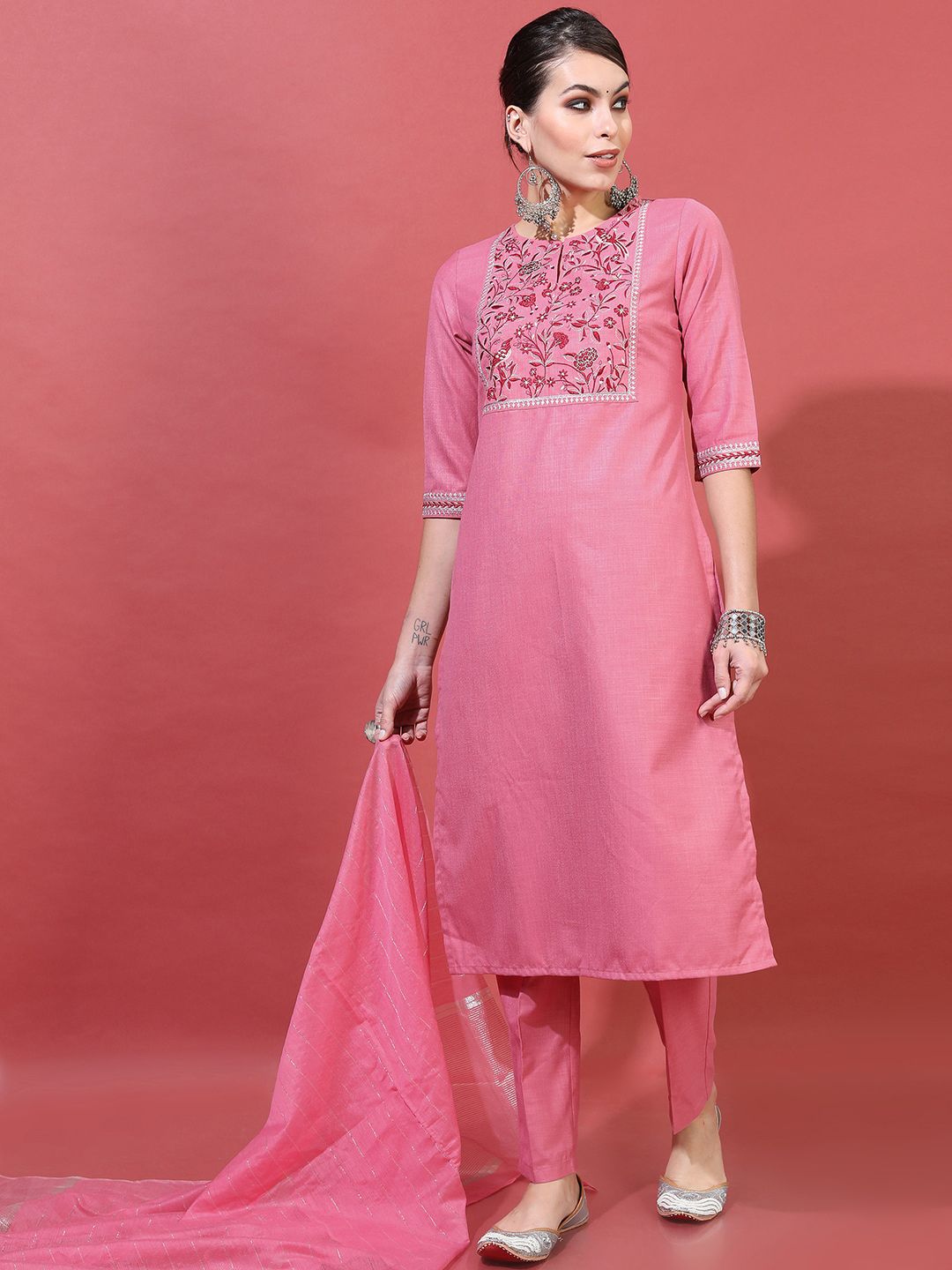 Vishudh Women Rose Yoke Design Thread Work Kurta with Trousers