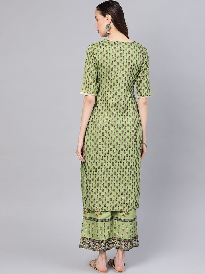Libas Women Green & Navy Block Print Kurta with Palazzos