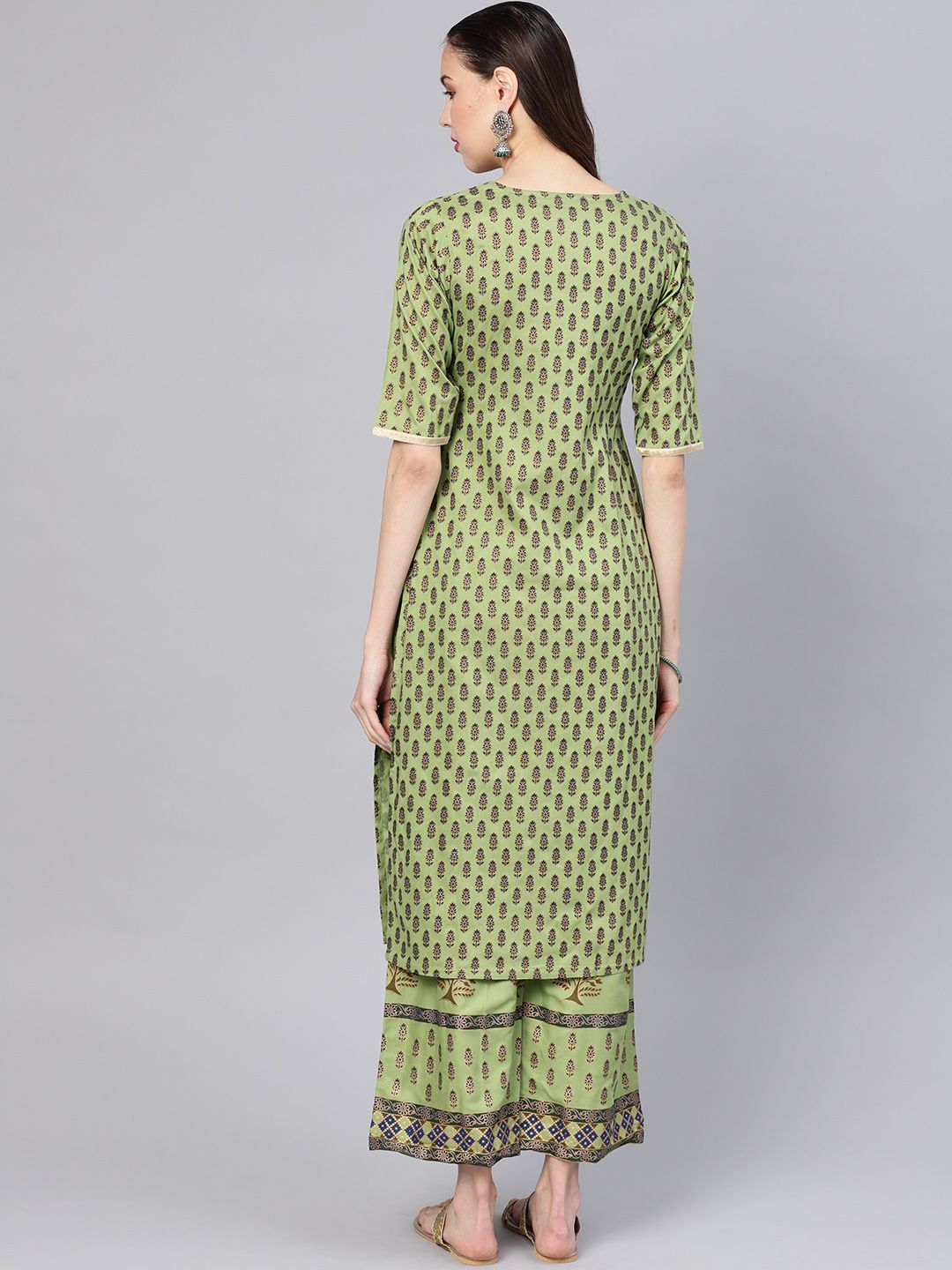 Libas Women Green & Navy Block Print Kurta with Palazzos