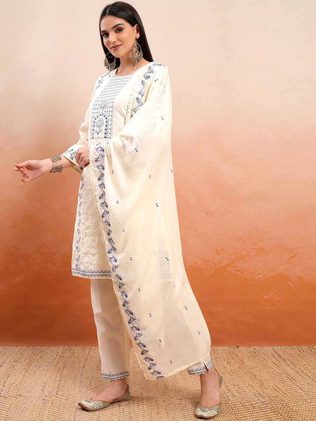 Vishudh Cream Coloured Embroidered Pure Cotton Straight Kurta With Trousers & Dupatta
