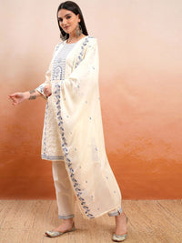 Vishudh Cream Coloured Embroidered Pure Cotton Straight Kurta With Trousers & Dupatta