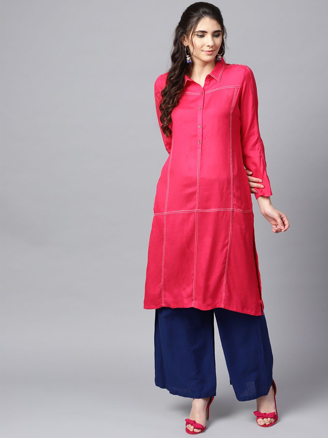 W Women Pink Solid Straight Kurta