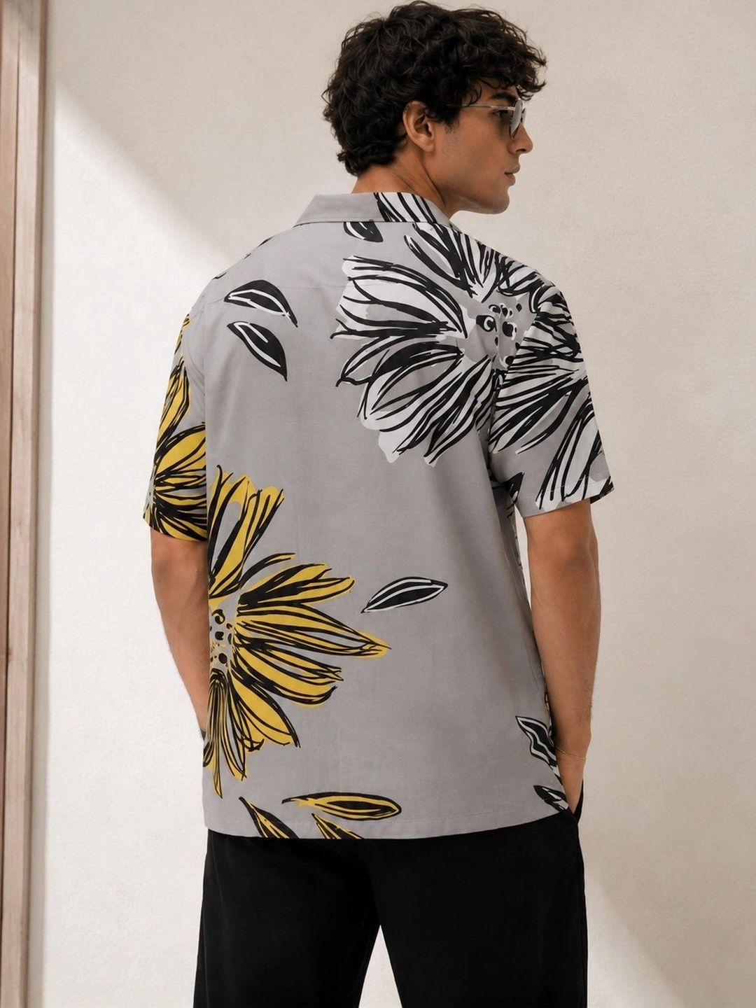 Eszett Floral Printed Cuban Collar Short Sleeves Pure Cotton Shirt