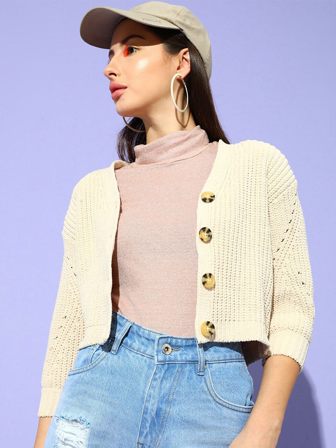 STREET 9 Women Beige Ribbed Crop Cardigan