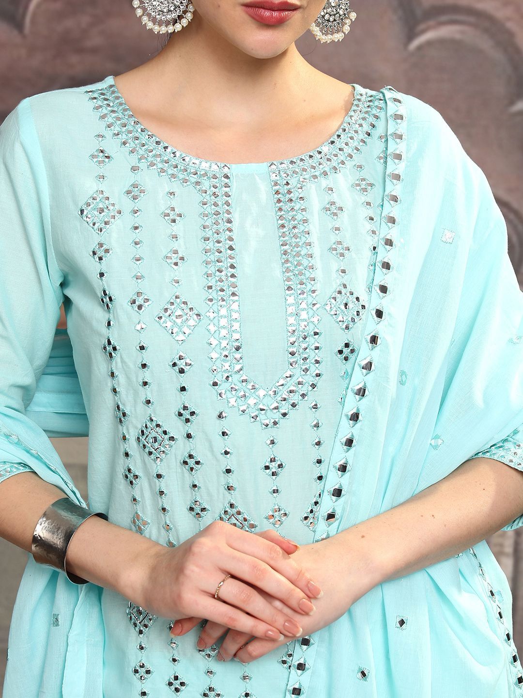 Vishudh Blue Ethnic Motifs Embroidered Pure Cotton Straight Kurta With Trousers & Dupatta