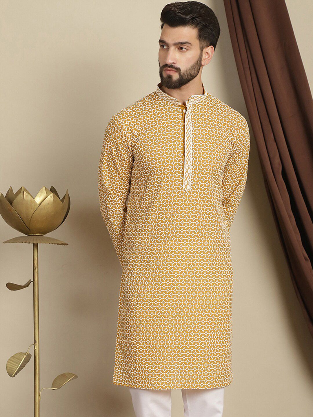 Anouk Geometric Printed Cotton Cermin Kerja Pathani Kurta