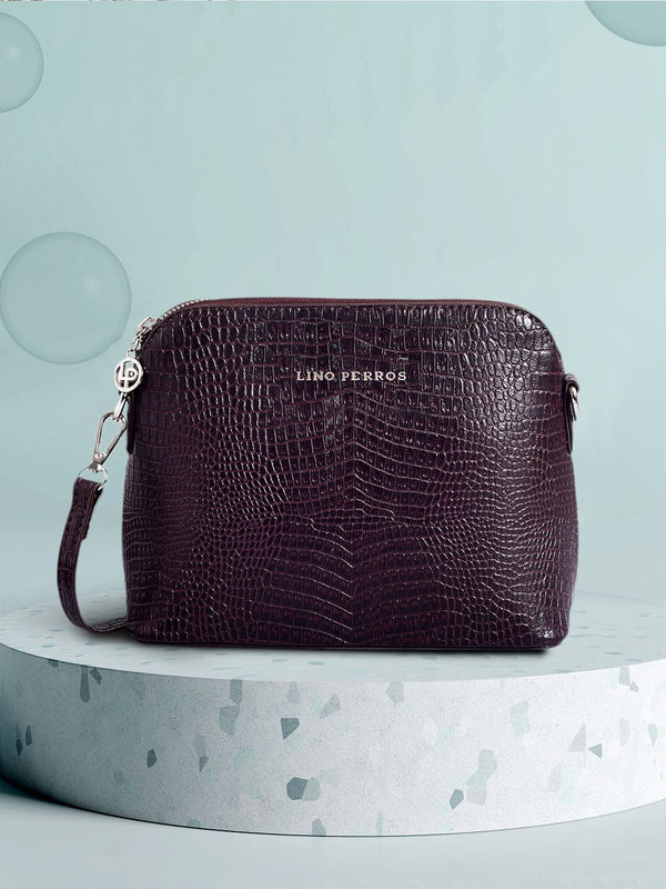 Lino Perros Women Coffee Brown Croc-Textured Structured Sling Bag