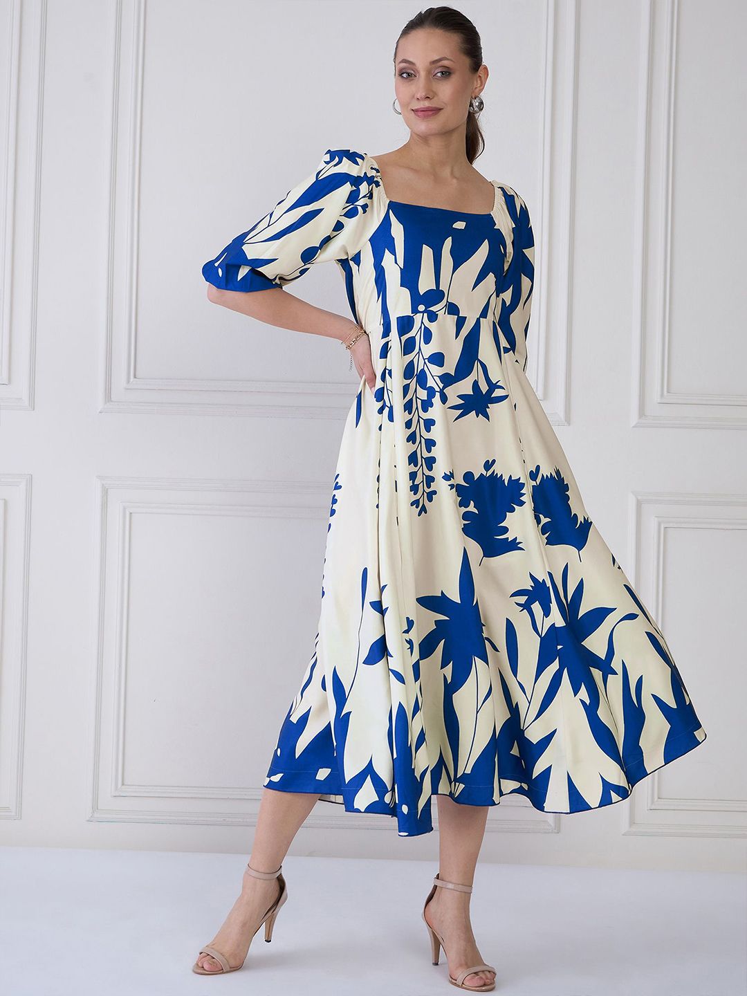 Antheaa Tie and Dye Print Puff Sleeve Crepe A-Line Midi Dress
