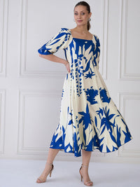 Antheaa Tie and Dye Print Puff Sleeve Crepe A-Line Midi Dress