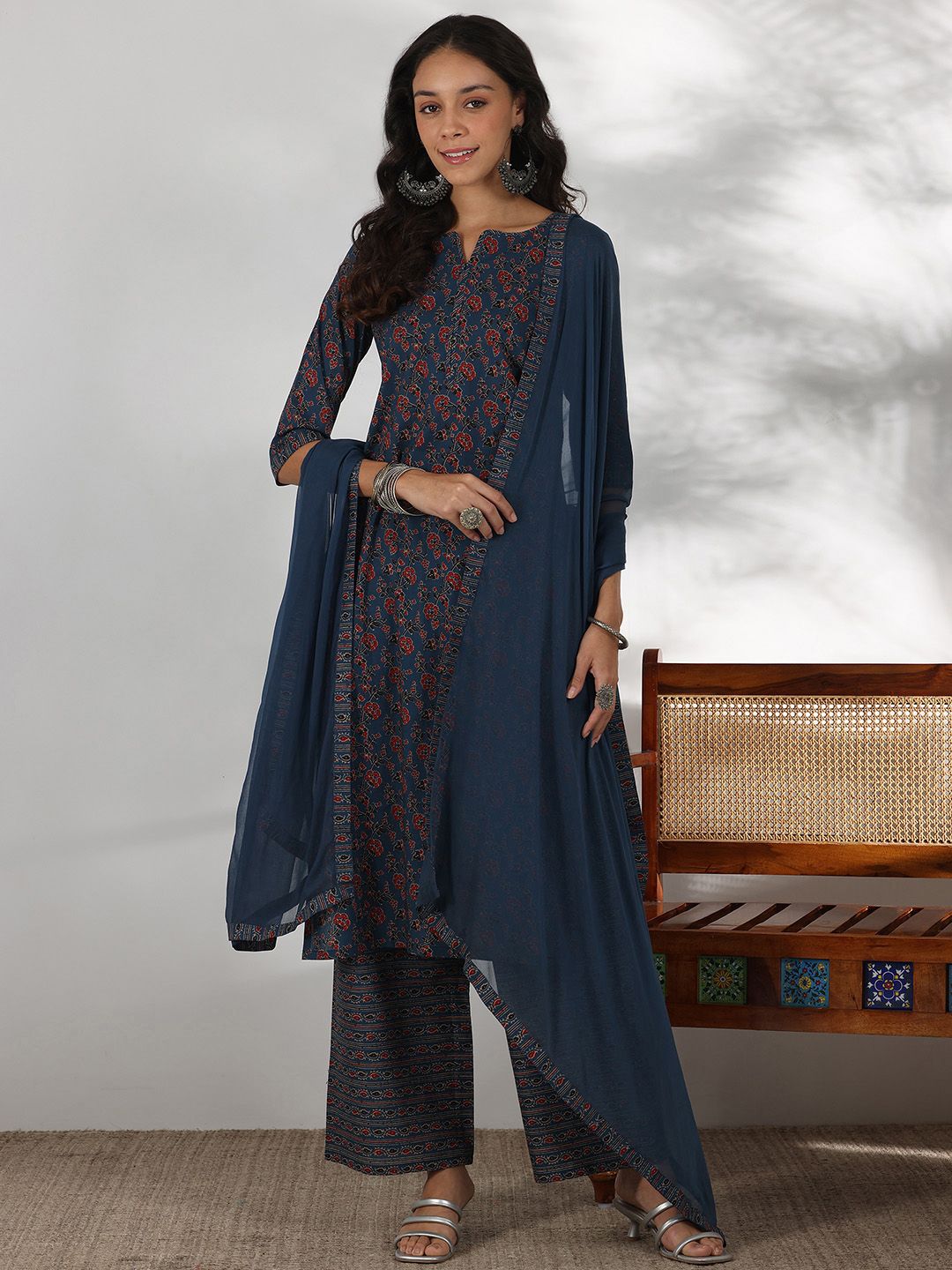 Libas Floral Printed Notch Neck Pure Cotton Straight Kurta with Palazzos & Dupatta