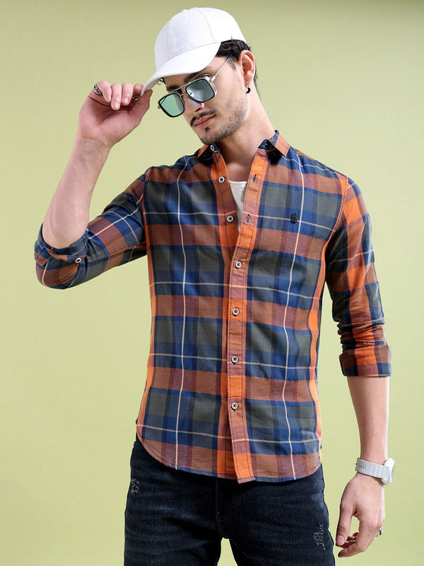 Garage Co Indian Lelaki Biru & Orange Memeriksa Kaat Kasual Kapas Pure